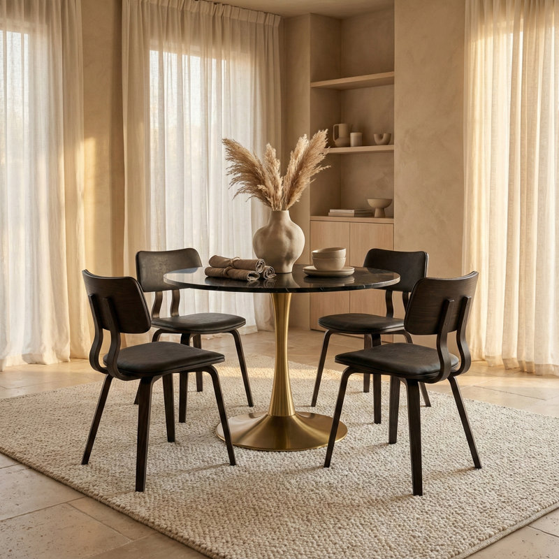 Table de salle à manger ronde de 31 po Leisuremod Bristol, table de cuisine moderne à petit espace avec base en piédestal doré, plateau de table biseauté de style bistro Mid-Century pour coin-repas