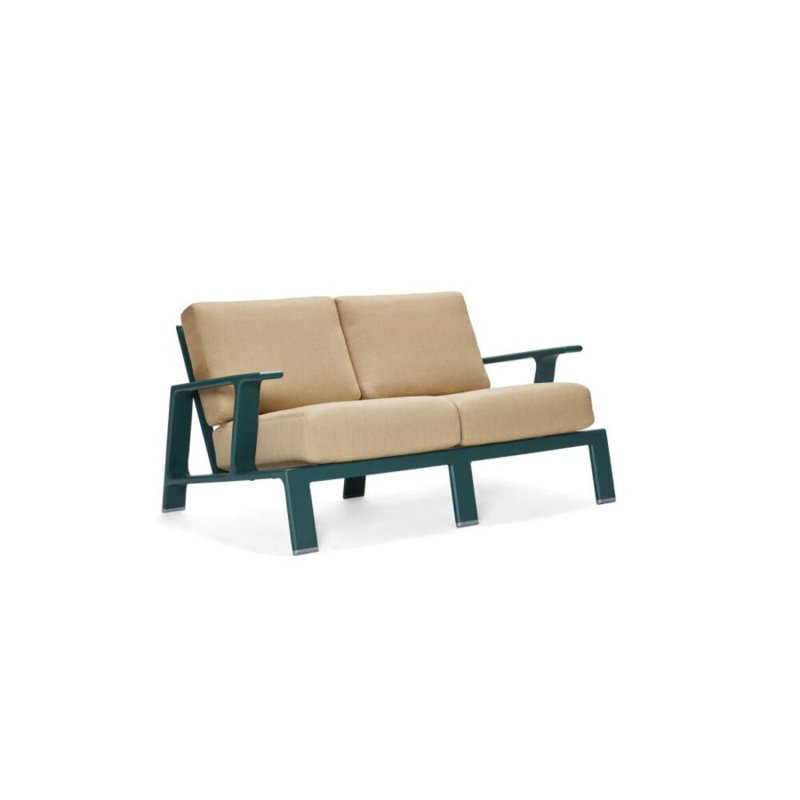 Elevation 55'' Wide Rectangle Aluminum Loveseat with Cushions, Chestnut Brown, Denver Scarlett Sunbrella®
