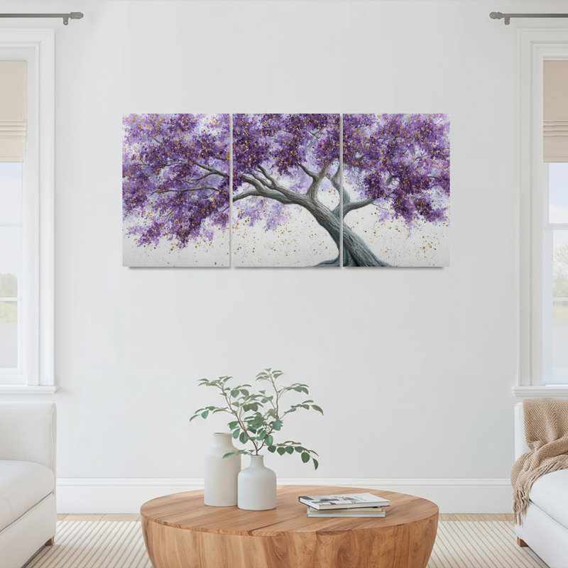 Ensemble de 3 tableaux sur toile représentant un arbre en fleurs violettes, pour la décoration du salon et de la chambre à coucher.