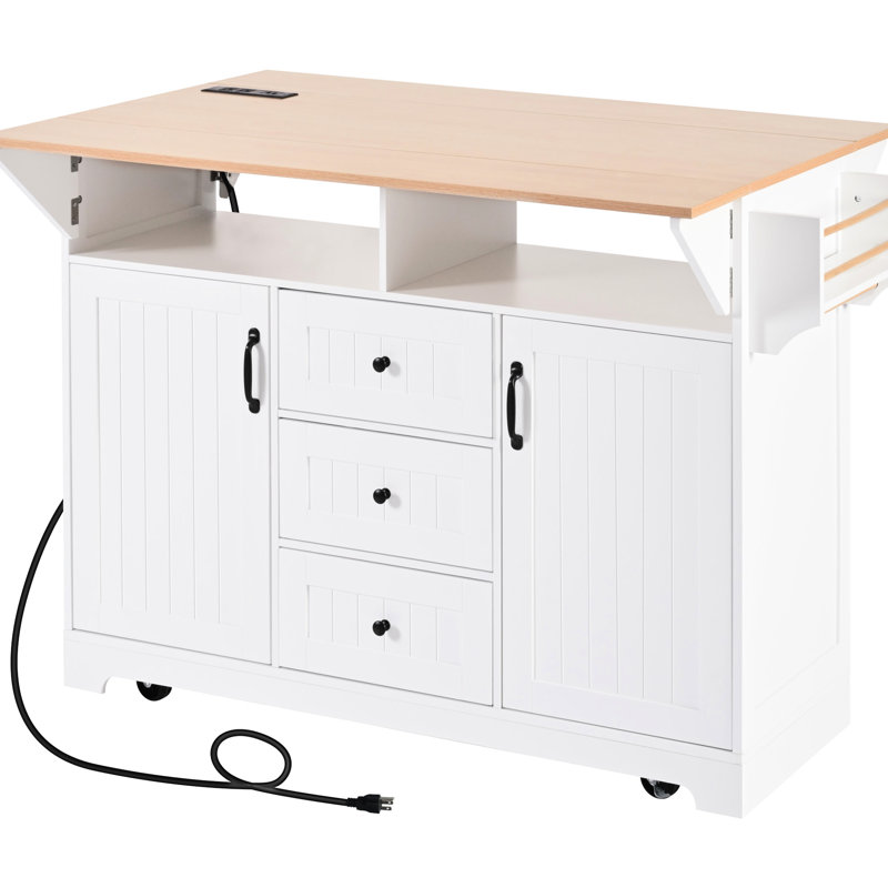 Large Kitchen Island With Drop Leaf, 5 Rolling, Power Supply, Folding Table, 3 Drawers, Spice & Towel Rack, White 55.7'' Rolling 2 Electrical Outlet, Storage