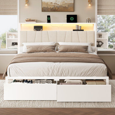Queen Upholstered Headboard Bed Frame with Under-Bed Storage Drawers, LED Light & Power Strip White