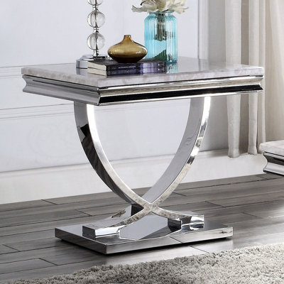 1 table de bout, plateau en faux marbre 18 mm, base piédestal, l 23,5 po x l 23,5 po, fabrication en métal pour une vie de luxe