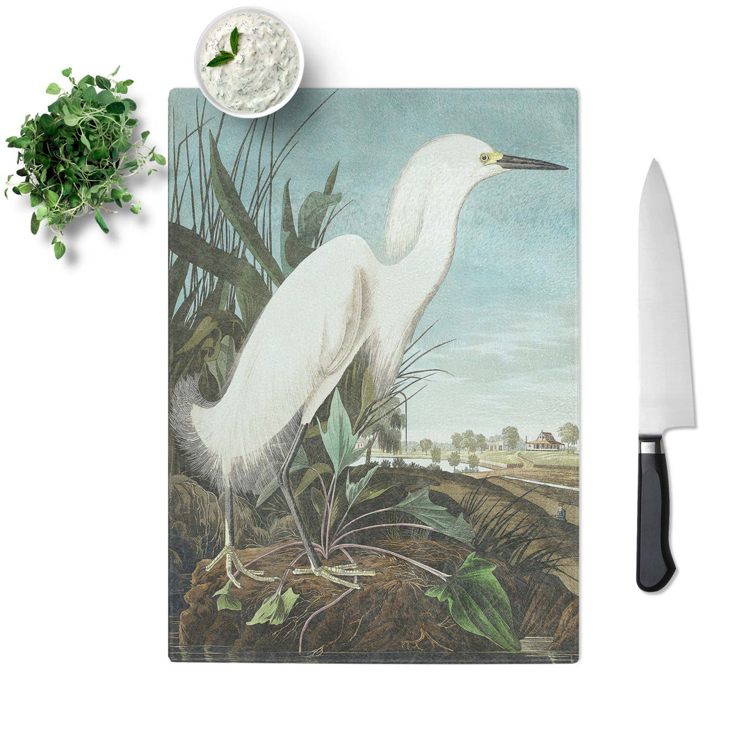 Tempered Glass Snowy Heron by John James Audubon Chopping Board