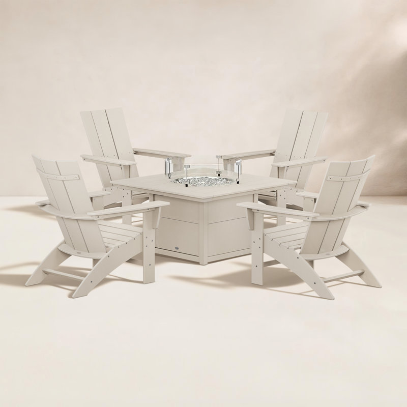 Ensemble de conversation 5 pièces POLYWOOD Modern Curveback Adirondack avec foyer, Sable