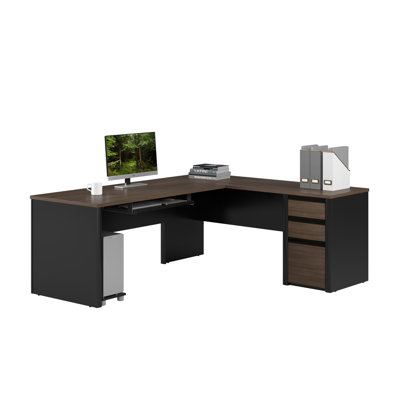 72-inch L Shaped Desk with Drawers and Keyboard Tray in Slate and Sandstone