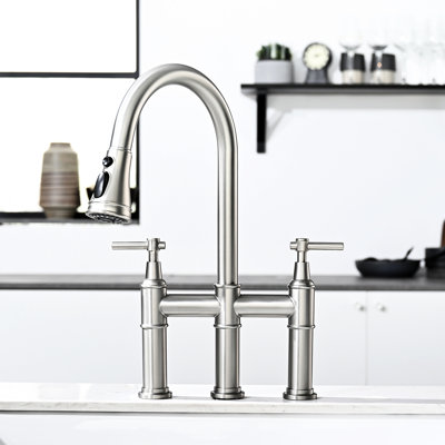 Robinet rétractable en nickel brossé pour évier de cuisine, 3 trous 2 poignées, poignées de trous d'évier de qualité supérieure, nickel, débit efficace