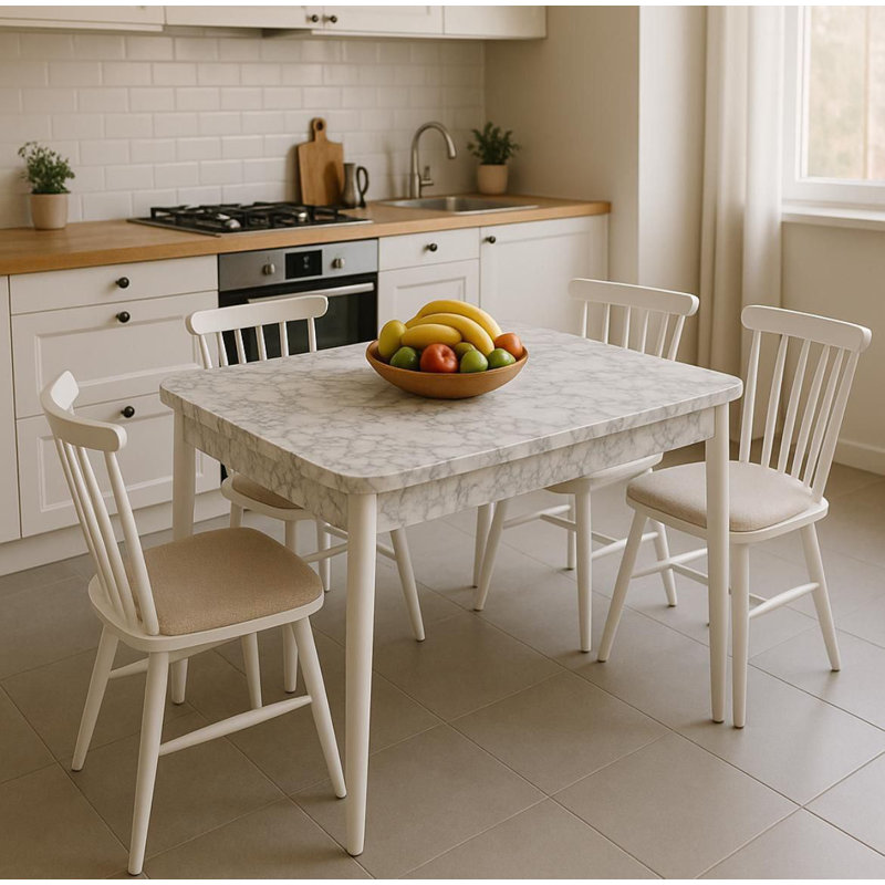 Ensemble de table de salle à manger extensible Elegant (5 pièces), 100% bois de hêtre et panneau de fibres à densité moyenne résistant aux rayures, blanc | Table: 51,2 po x 29,5 po x 31,5 po (ouverture: 63,0 po) | 4 chaises: 17,3 po x 36,2 po x 17,3 po, parfaites pour les espaces de salle à manger modernes