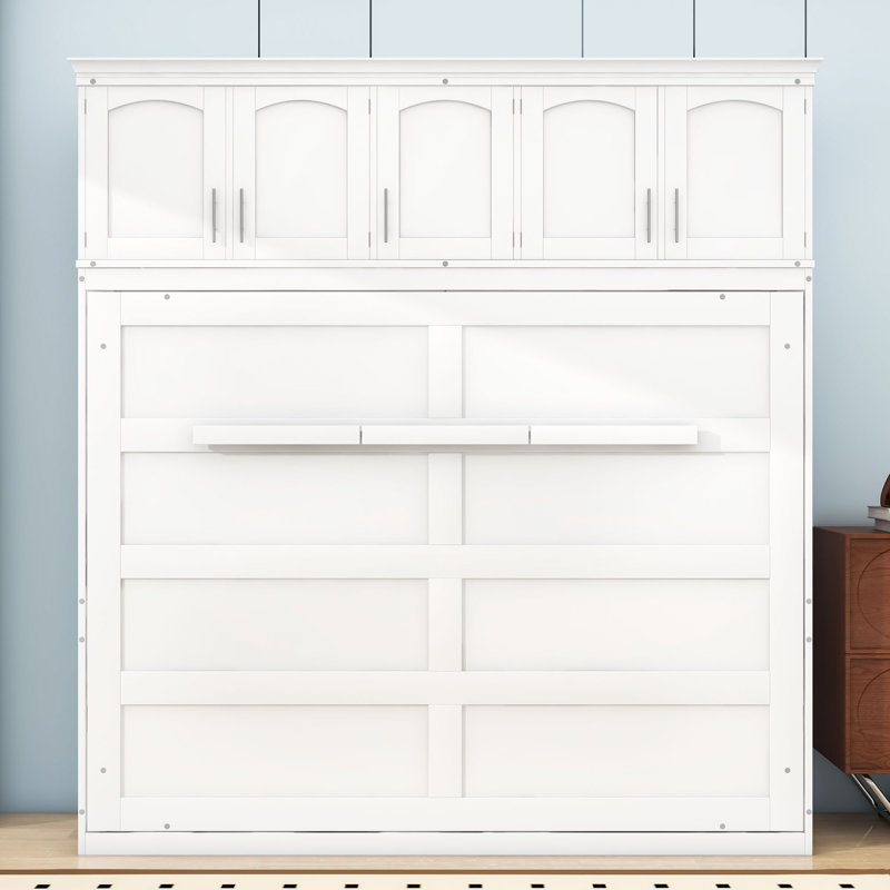 Lit escamotable avec tablettes confort peu encombrantes, Blanc, Double