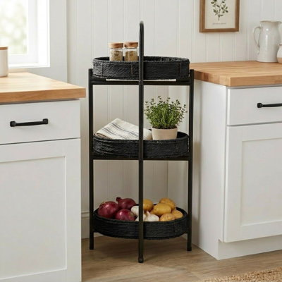 3 - Tier Woven Rattan & Metal Storage Shelf with Oval/Basket Shelves for Living Room, Bedroom
