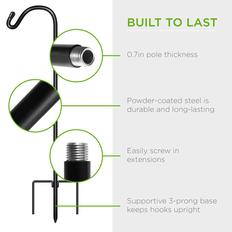 Adjustable Black Metal Shepherd Hooks with 3-Prong Base