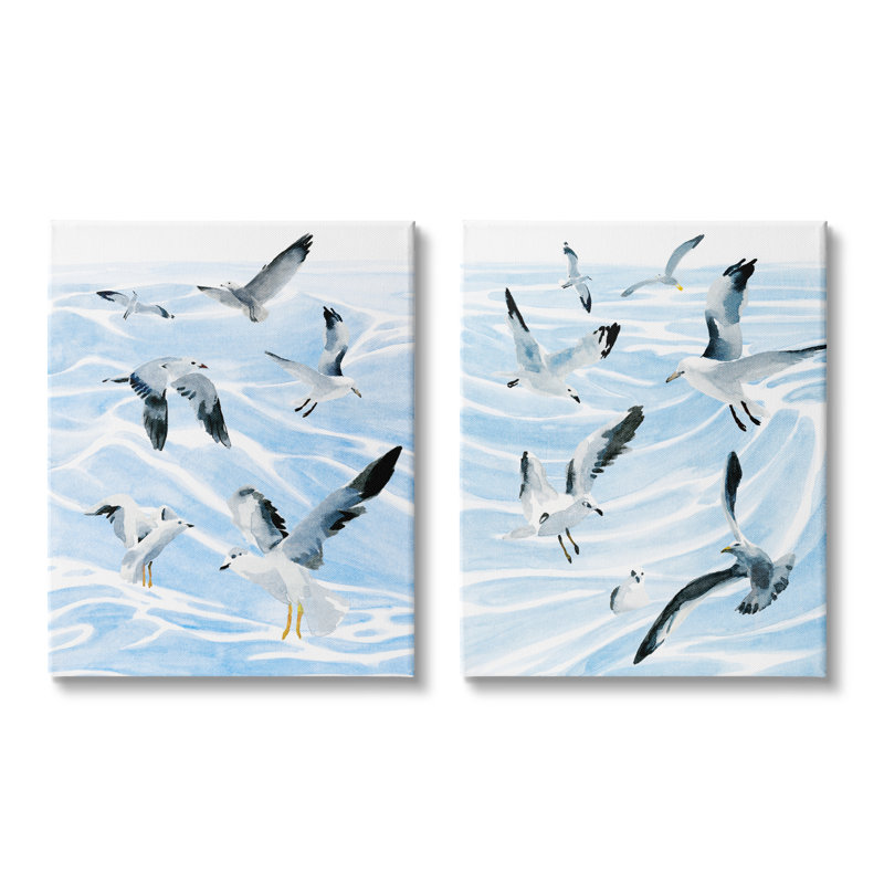 Mouettes en vol, vagues bleues océaniques, Toile tendue, H 30 po x l 24 po