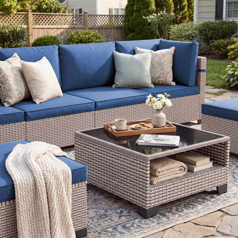 Ensemble de conversation d'extérieur, ensemble de jardin en résine tressée pour 6 personnes, groupe de sièges modulaire avec coussins, mobilier de jardin, mobilier d'extérieur et de terrasse avec tables, bleu marine