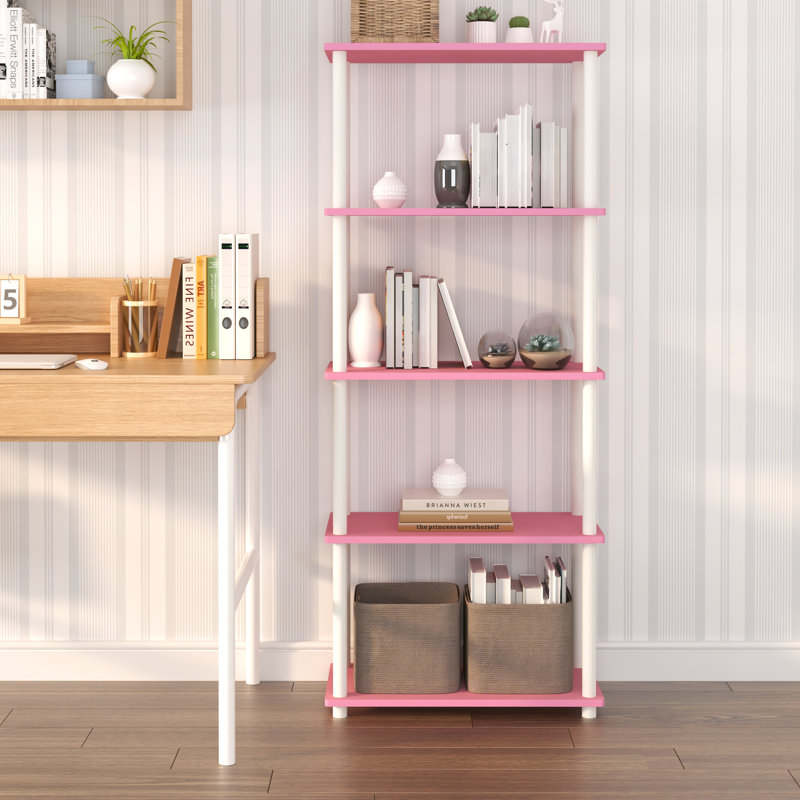 Bibliothèque à 5 niveaux avec tablettes ouvertes de 57,4 po, Rose / blanc, (5 tablettes) H 57,4 po x l 23,6 po x P 11,6 po