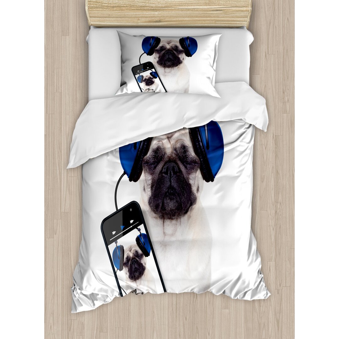 Bettbezug Set, Musik hören Dog Phone, Mops, Marineblau Schwarz