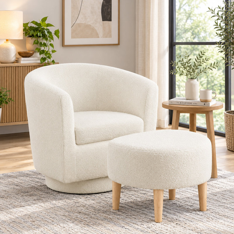Fauteuil demi-tonneau pivotant avec repose-pieds Sharolynn, Ourson en fausse fourrure blanc