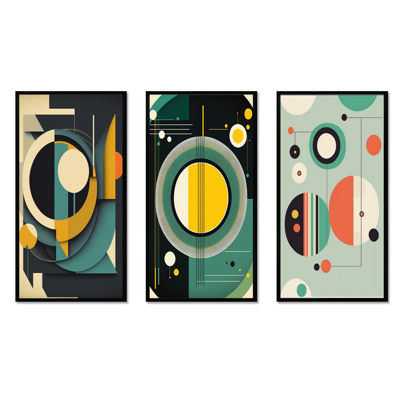 «Mid-century Retro Dimensions», 3 pièces sur toile, H 20 po x l 36 po, Noir
