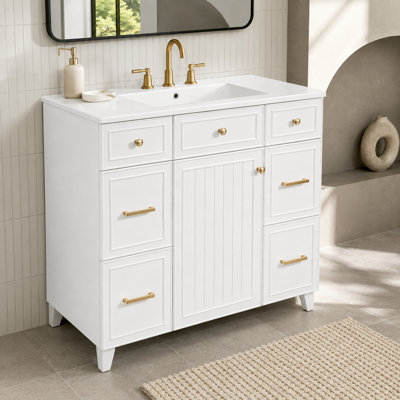 Meuble-lavabo blanc 36,18 po avec lavabo en céramique, cadre en bois massif, portes à fermeture douce, tablettes réglables et tiroir profond