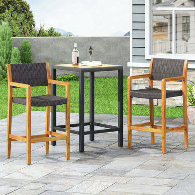 Tabouret de bar en osier et en bois - ensemble de 2, conception transitionnelle avec assise extérieure en filet