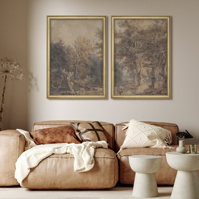 Premium Framed Wall Art Vintage Fine Art Antique Classic for Bedroom - 26"x36" Gold Set of 2