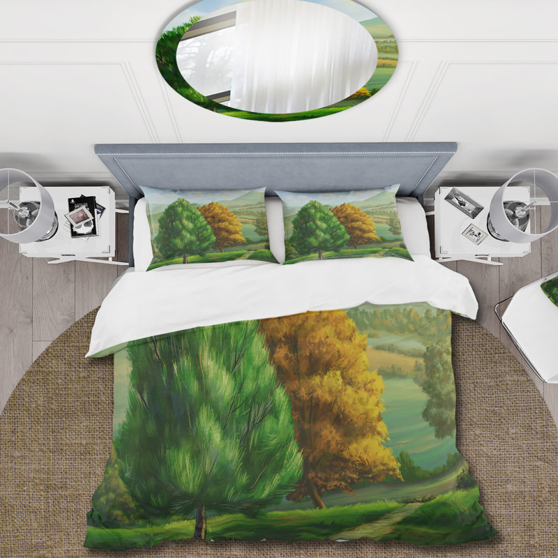Paysage champêtre avec arbres vibrants - ensemble de housse de couette traditionnel - microfibre de polyester
