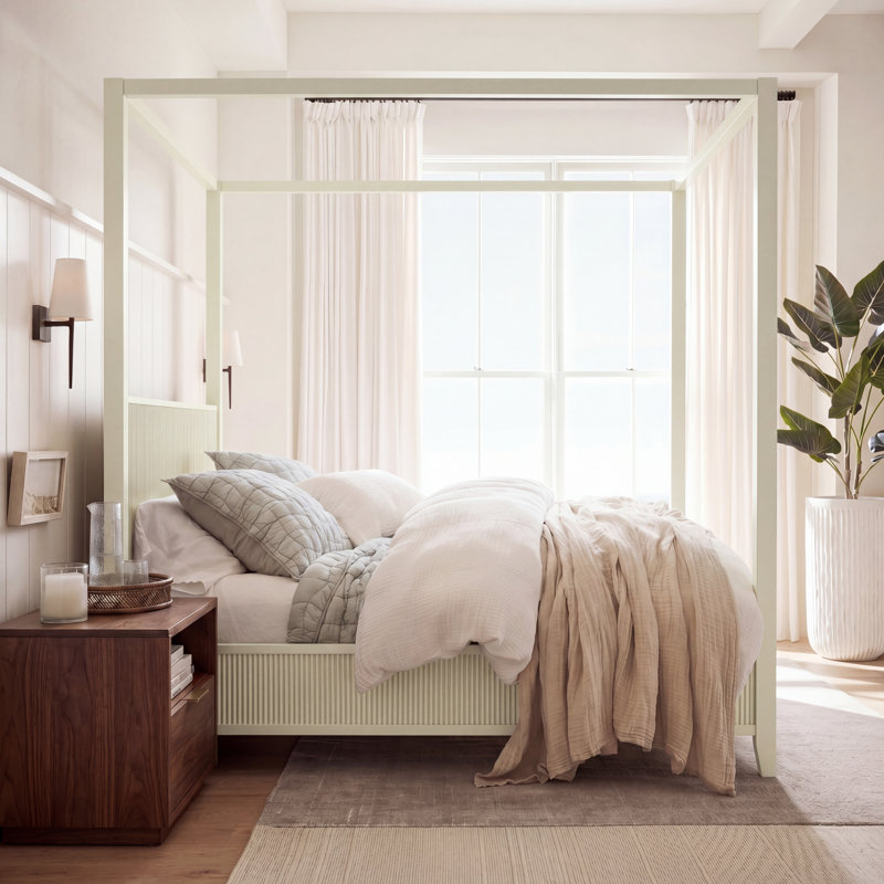 Queen size Wooden Canopy Platform Bed with Support Slats,Beige, Beige, Queen