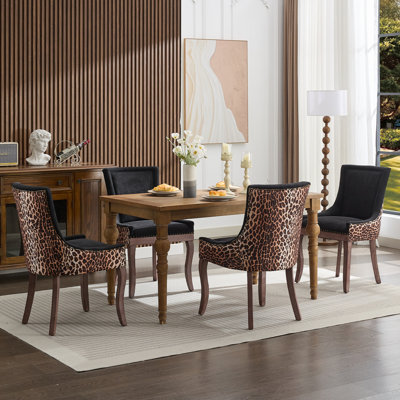 Ensemble de 2 chaises de salle à manger rembourrées, chaises de salle à manger en tissu, chaises de cuisine et de salle à manger, chaises de cuisine de ferme avec dossier haut, pieds en bois massif, garniture cloutée (imprimé léopard)