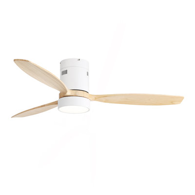 52 Inch Flush Mount Ceiling Fan DC 3 Solid Wood Fan Blade Noiseless Reversible Motor Remote Control With Light
