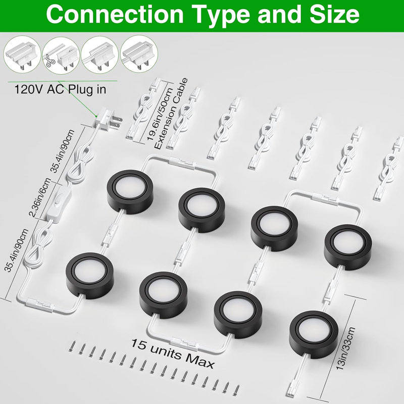 Ensemble de 8 lumières noires rondes pivotantes à DEL sous le meuble, câblées ou à brancher, à intensité variable, connectables, blanc chaud 3000K, pour tablette de placard de cuisine