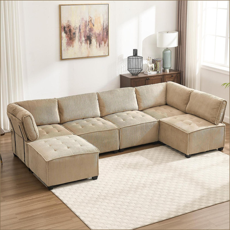 Sectional Sofa, 6-Seat Modular U/L-Shaped Couch with Reversible Chaise for Living Room | Khaki | Corduroy, Khaki Corduroy