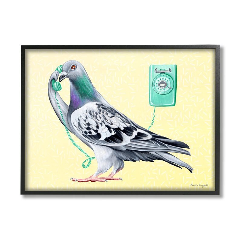 Pigeon pastel, appel téléphonique rétro sur fond jaune, art texturé par Amelie Legault, Giclée encadrée noir minuit