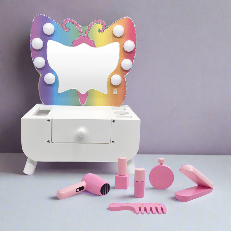 Colorful Butterfly-Shaped Tabletop Vanity with LED Lights and Accessories