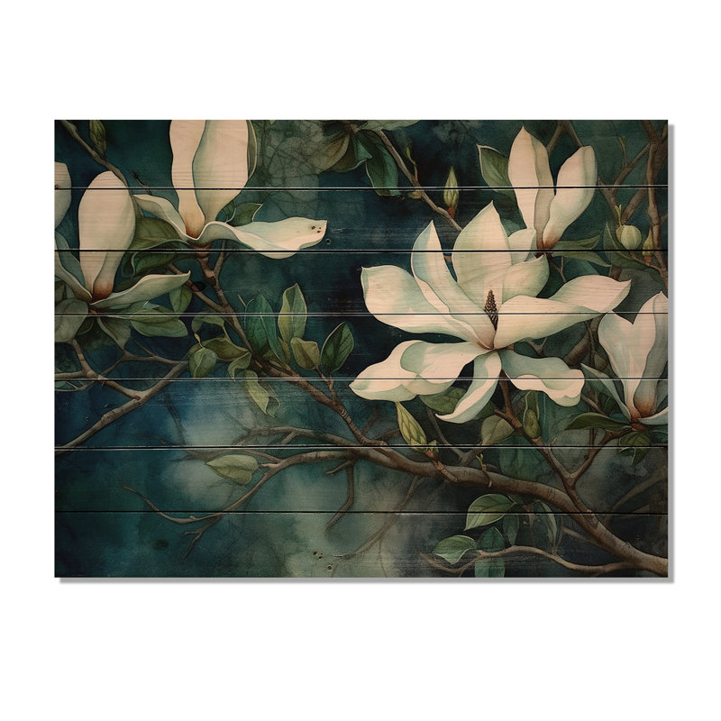 Lubega, paysage de magnolias vert et blanc sur bois, H 24 po x l 32 po x P 0,78 po