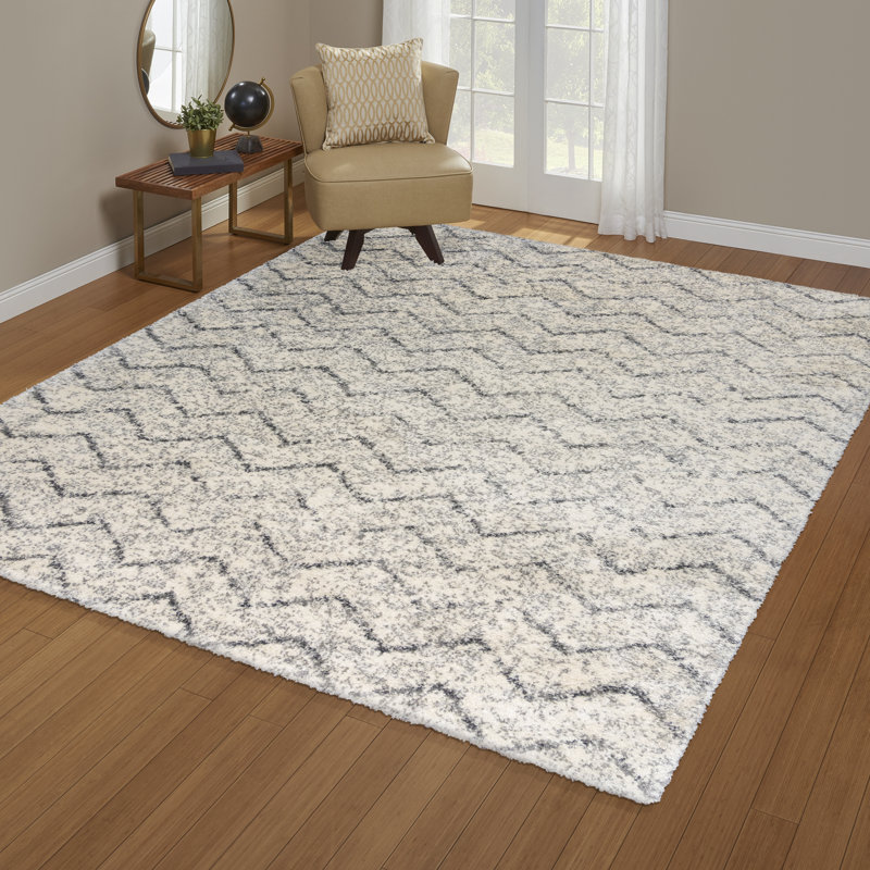 Chaise Gilas Modern Casual Ivory/Grey Zig Zag Plush Shag Area Rug, Rectangle 9'6" x 13'1"