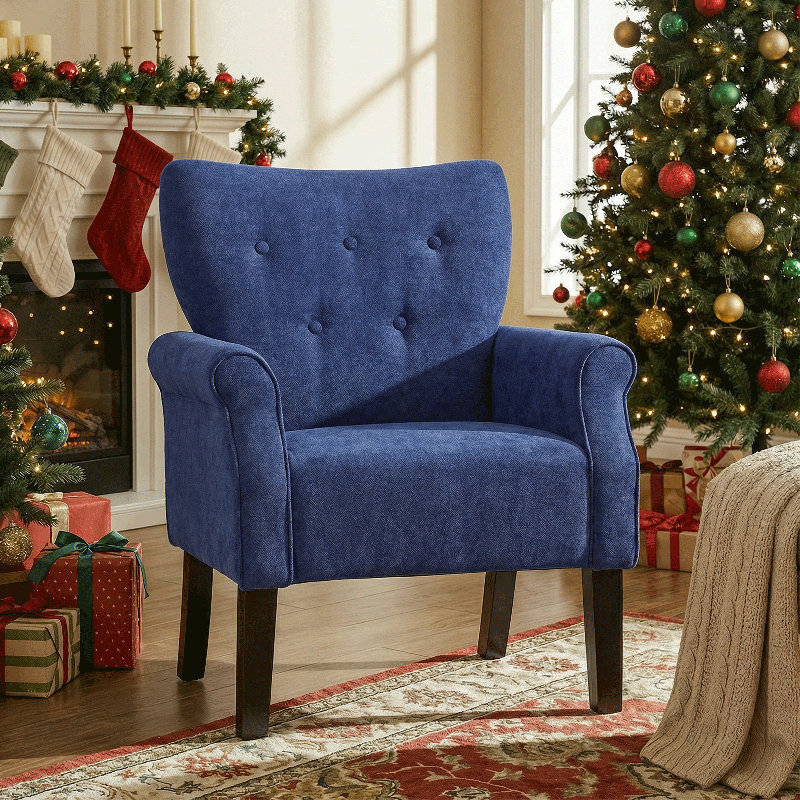 Fauteuil rembourré, fauteuil d'appoint capitonné à boutons avec pieds en bois pour le salon, la chambre à coucher, Marine