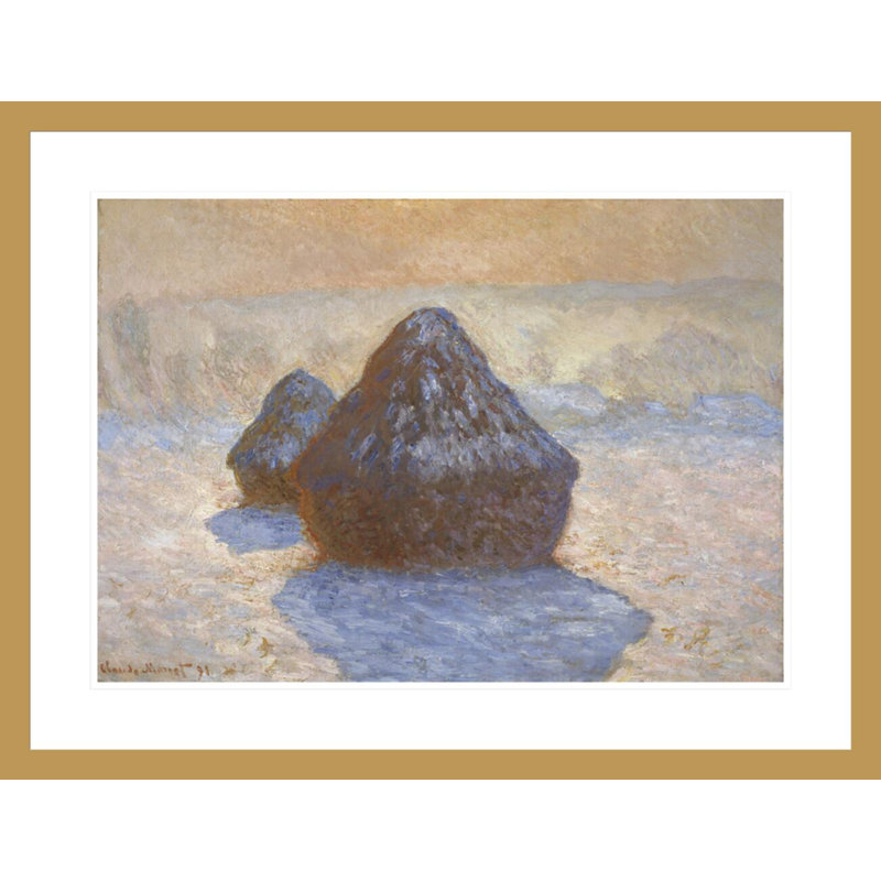 Bottes de foin: effet de neige par Claude Monet - impression giclée encadrée, H 22,69 po x l 29,5 po