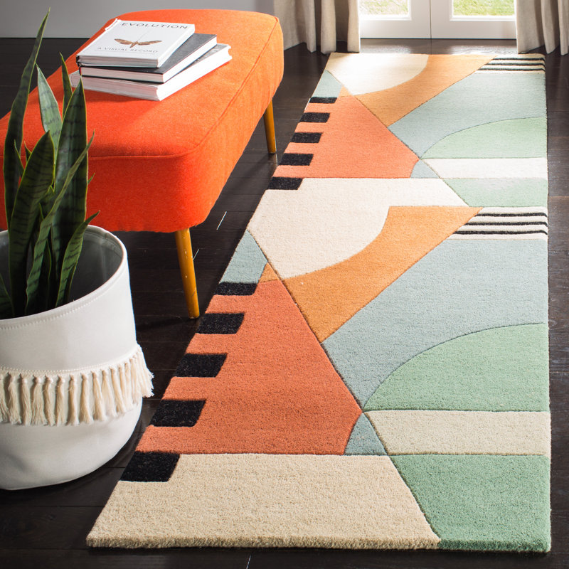 Tapis doré en laine touffeté à la main Abstract, Tapis de couloir 2 pi 6 po x 10 pi