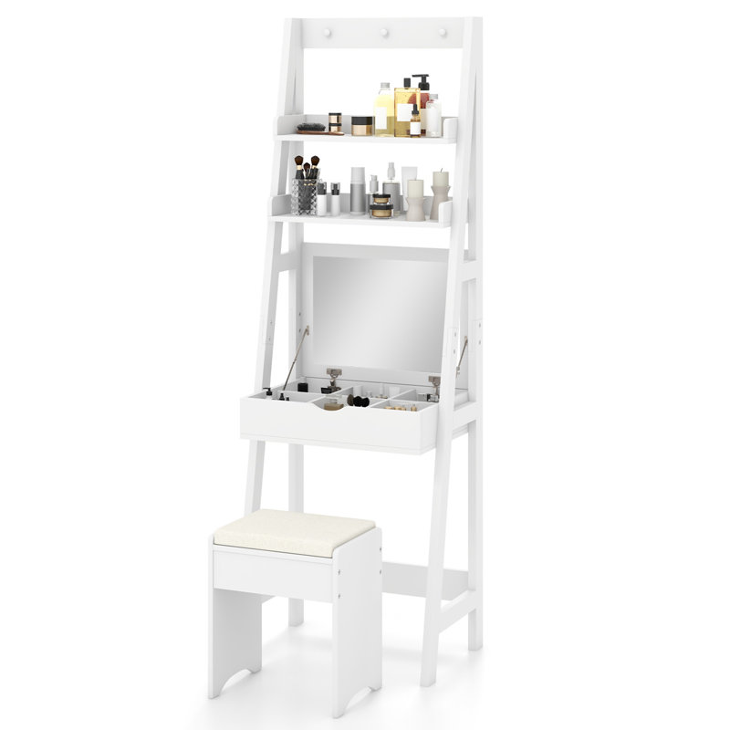  Bureau de coiffeuse avec miroir rabattable et tabouret avec éclairage 3 couleurs 6 compartiments