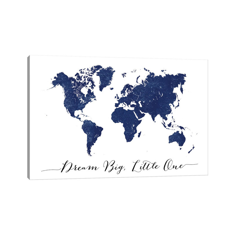 Blue World Map Dream Big 1 Piece Wall Art on Canvas, 20.32 cm H x 30.48 cm W, Canvas