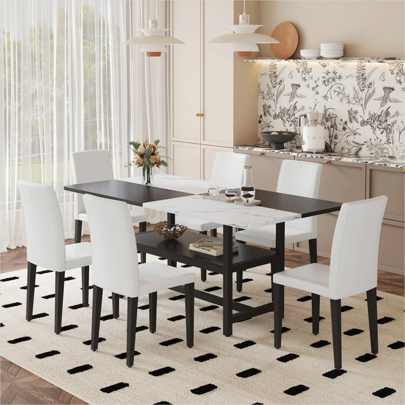 Ensemble de salle à manger pour 6 personnes avec tablette de rangement, table rectangulaire en panneau de fibres à densité moyenne 71 pouces et 6 chaises en cuir PU noir mat et blanc