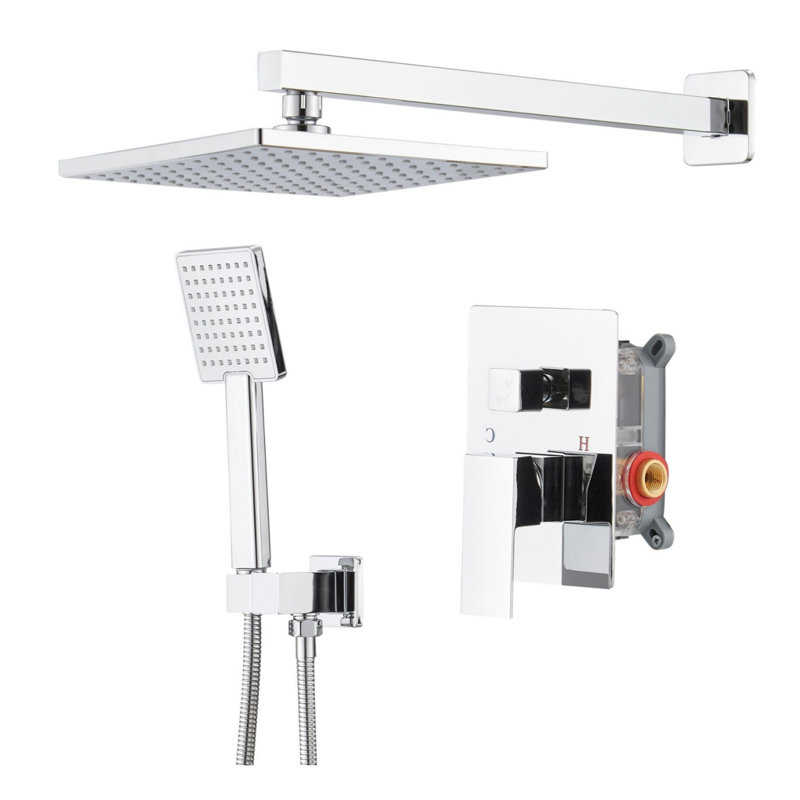 Chrome Alloy Double-Handle Double-Head 9-Inch Square High-Pressure Shower Faucet (With Valve), Chrome Alloy