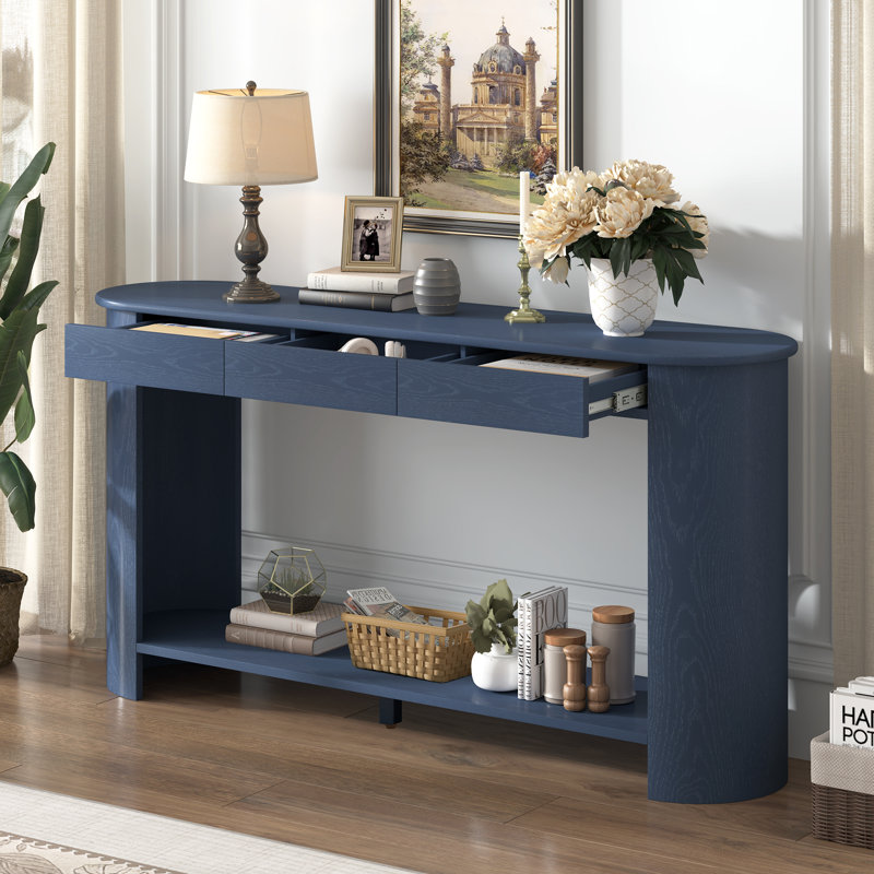Console 59,8 po en placage de chêne moderne avec 3 tiroirs, tablette inférieure et conception semi-circulaire, Navy Blue