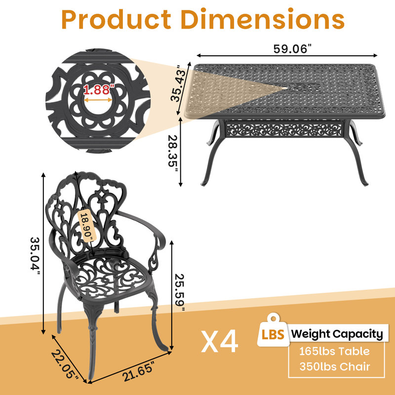 Witsham 59.06'' L 35.43 " W Rectangula Table Cast Aluminum Outdoor Dining Set with Umbrella Hole and Beige Cushions, 4