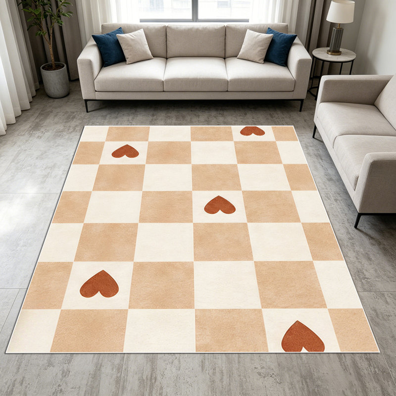 1PC Neutral Checkered Heart Pattern area rugs for Living Room, Soft and Comfortable, Suitable for all seasons, easy-to-maintain, machine washable Indoor floor mat, Under Table Farmhouse suitable for dining table, bedroom, entryway, kitchen, patio,