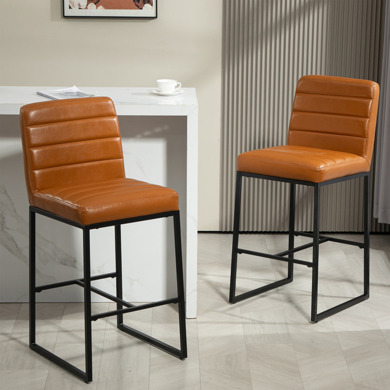 Set of 2 Damylah Faux Leather Counter Stool with Black Metal Legs, Bar Stool (28.30" Seat Height), Light Brown
