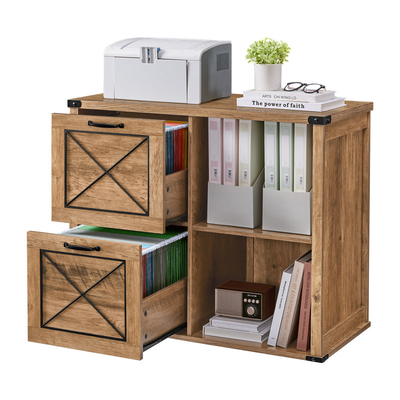 Lateral File Cabinet, Filing Cabinet With 2 Drawers, Printer Stand, 2 Open Compartments, Fit A4, Letter Size, Hanging File Folders, For Home Office, Farmhouse Style, Honey Brown