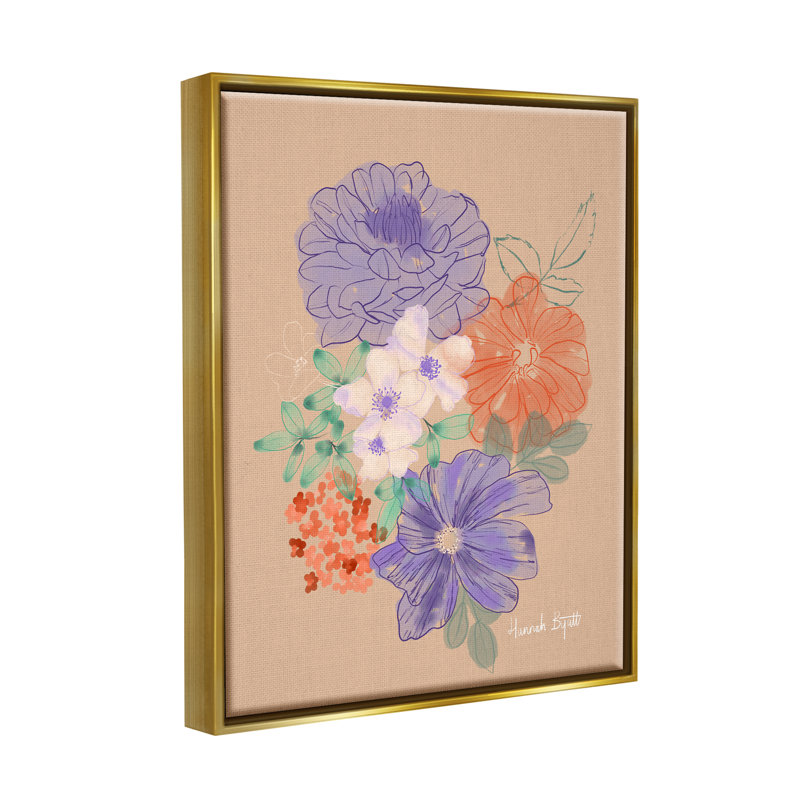 "Mauve et fleurs orange sur bois" par Hannah, impression, Cadre flottant métallique doré, H 21 po x l 17 po x P 1,7 po