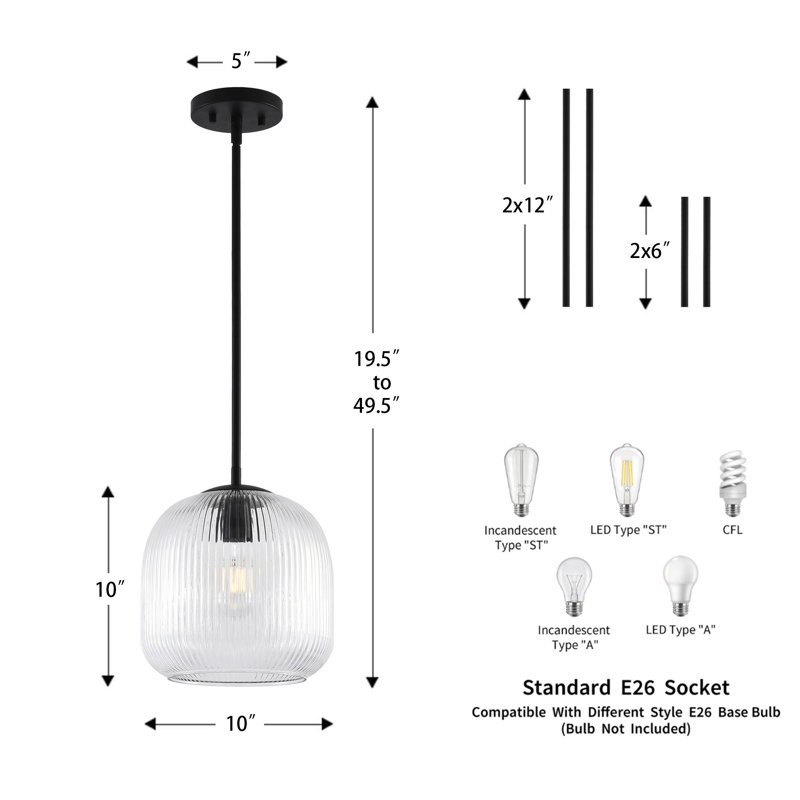 10" W Ribbed Glass and Metal Single Pendant Light（set of 2）, Matte Black