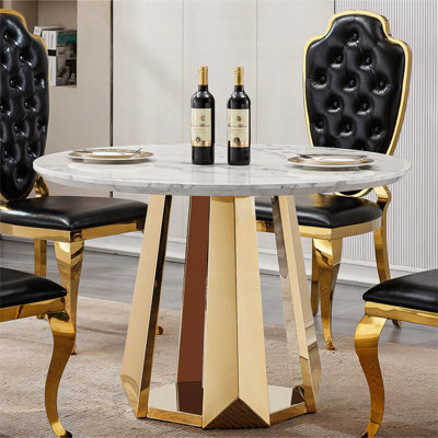 47'' Round White Faux Marble Dining Table with Gold Base