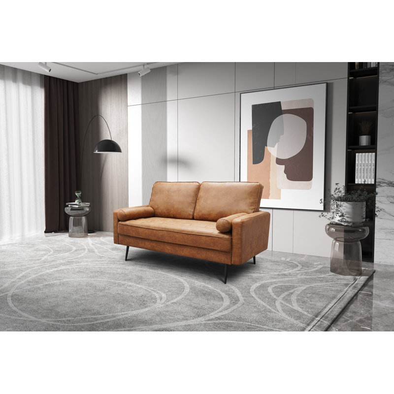Arkeria 57.9" High-End Bronzed Fabric Square Arm Black Metal Leg Loveseat With Round Pillow, Black