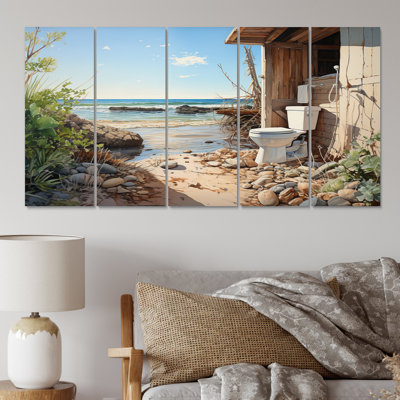 Bathroom Toilet Coastal Escape II - Bath & Laundry Canvas Print - 5 Equal Panels